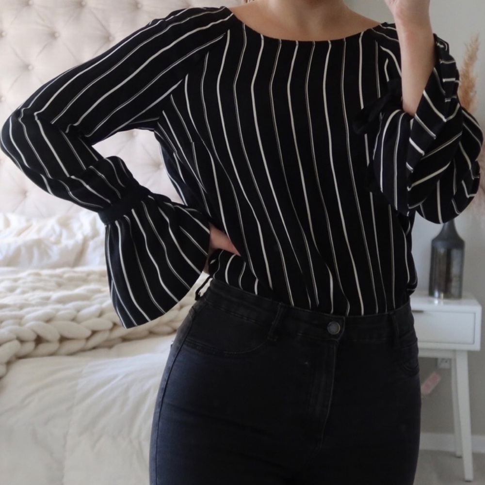 Dalia Striped Top Long Sleeve Bell Cuff Blouse